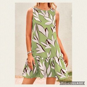 Leaf Pattern Sleeveless Mini Dress